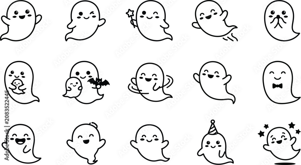 Fototapeta premium Cute ghost character line art collection for halloween and festive designs