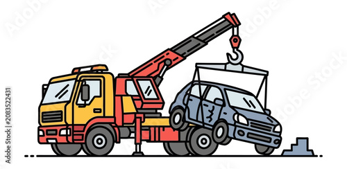 Automotive Recovery Tow Truck with Crane Lifting Damaged Vehicle for Roadside Assistance and Insurance Claim Logistics Concepts Detailed Vector for Vehicle Repair and Transport Services Industry