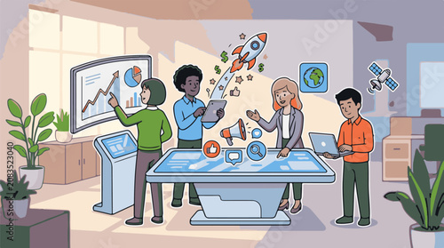 Diverse team analyzes data and launches project with digital tools