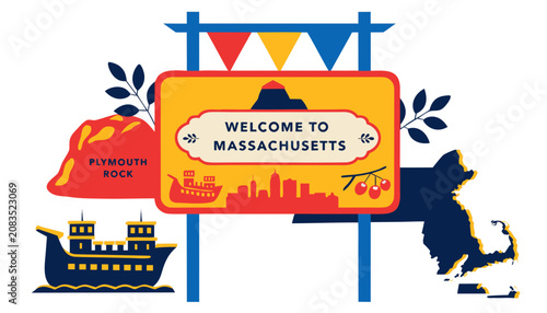 Very beautiful realistic vector of a classic roadside welcome sign featuring a colorful label reading 