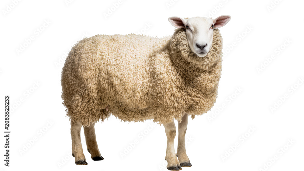 Fototapeta premium Woolly sheep with white face and ears standing