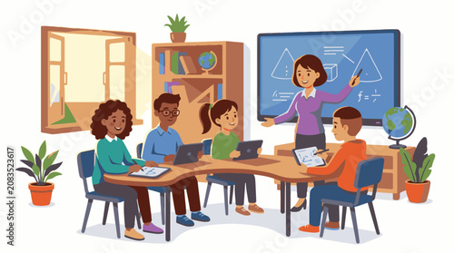 Diverse students learn math with tablets and a teacher in a bright classroom