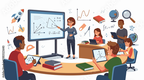 Diverse students learn math with teacher and modern technology