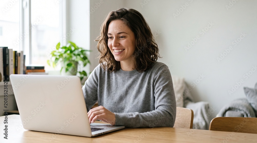 Fototapeta premium Smiling young woman with wavy brown hair working on laptop at desk in cozy room. Happy female freelancer or student studying online, using wireless earphones and drinking coffee.