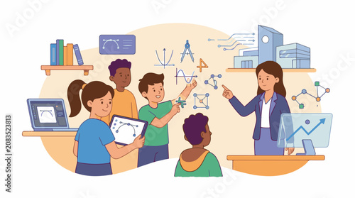 Diverse students learn STEM concepts with teacher and technology