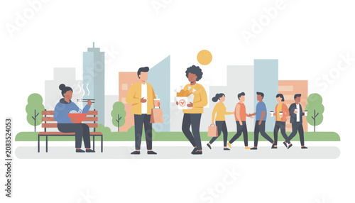 Urban citizens enjoying street food and walking in a green city park with skyscrapers in the background.