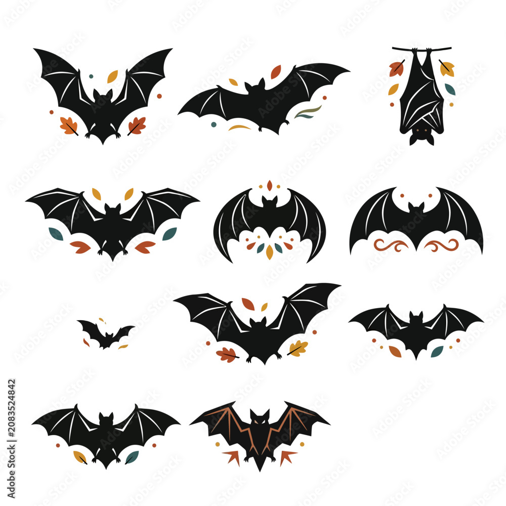 Obraz premium Flying Bat Silhouette Icons Bundle – Halloween Flat Vector Collection