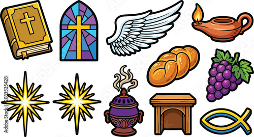 Obraz na płótnie Christianity and biblical church symbols colorful cartoon vector illustration co