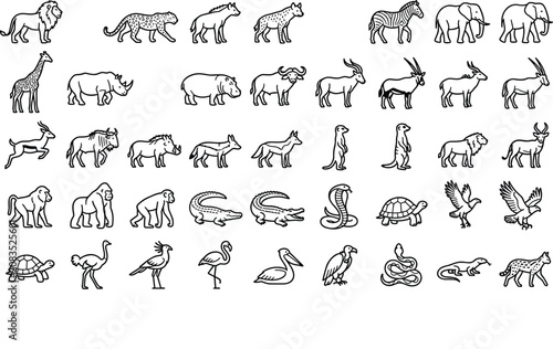 African safari animal vector line art icons set featuring lion elephant giraffe zebra and savannah wildlife