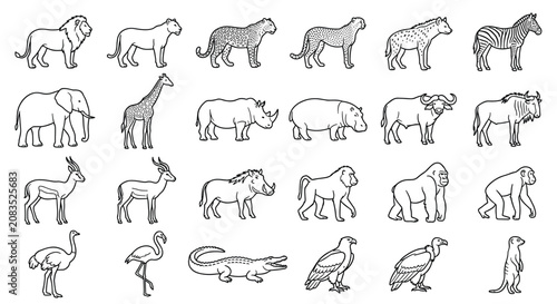 Canvas Print African safari wildlife animals line art vector bundle featuring lion elephant g