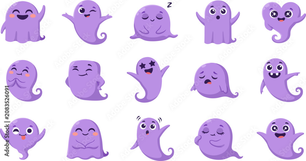 Fototapeta premium Cute purple ghost emojis and stickers