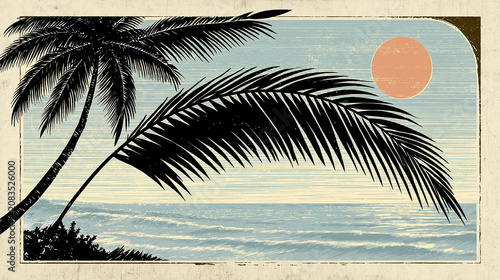 Retro style illustration of a sunset over the ocean framed by black palm tree silhouettes and textured borders