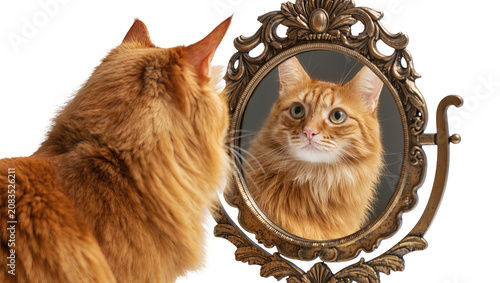 Εκτύπωση καμβά Orange tabby cat looking into ornate antique mirror