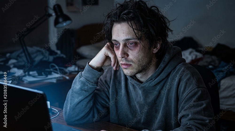 Obraz premium Young man with tired, red eyes stares at laptop in dark room, illustrating digital strain, severe sleep deprivation, and mental health struggles from excessive screen use