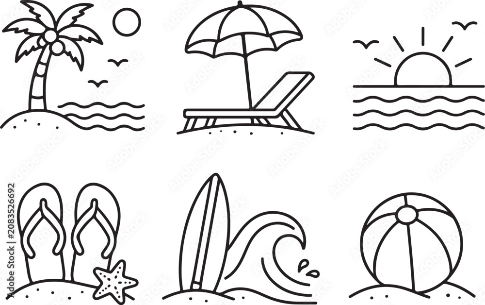 Fototapeta premium Set of summer beach vacation featuring palm tree, lounge chair, sunset, flip flops, surfboard, and beach ball in thin line style
