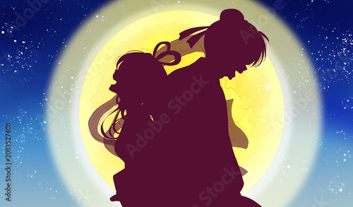 背中合わせの織姫と彦星イメージ　星空　月