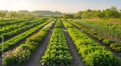 Vast Agricultural Field with Rows of Lush Green Plants Under a Bright Sky.
