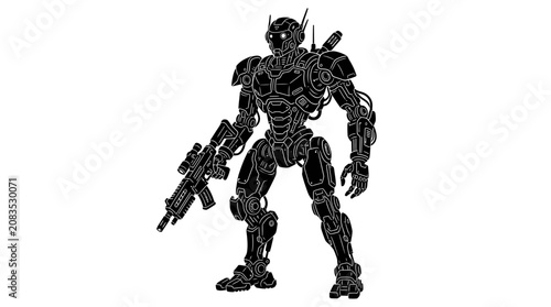 Black robot holding a gun standing.