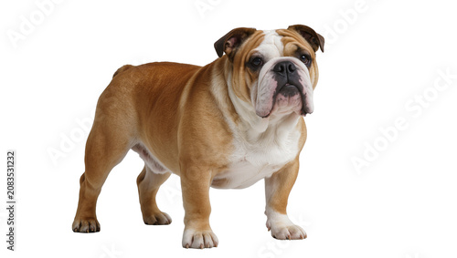 Quadro su tela English Bulldog standing fawn and white coat, wrinkled face