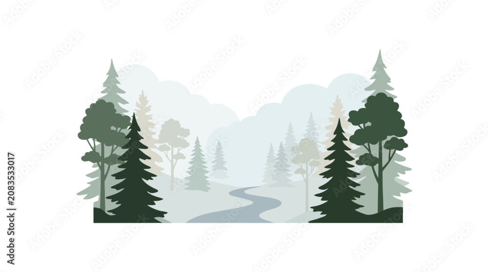 Fototapeta premium Misty Forest Landscape with Winding River and Evergreen Trees