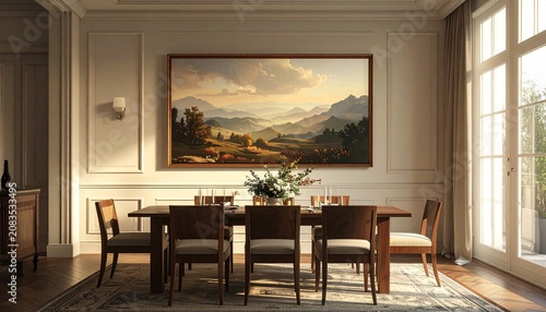 Elegant dining room with landscape painting and natural light.