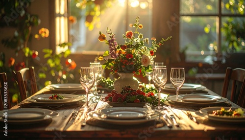Elegant dining table set for a special occasion with flowers.