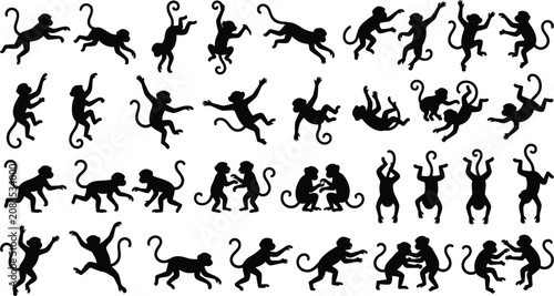 Canvas Print Black silhouette monkeys in various poses
