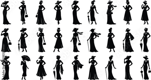 Принти на полотні Vintage women silhouettes in long dresses walking