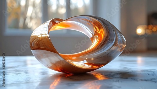 Elegant Glass Sculpture with Warm Tones on Marble Surface.