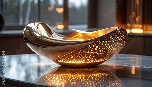 Elegant Gold Decorative Bowl with Intricate Perforations on Table.