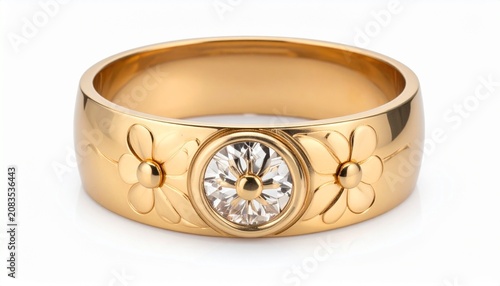 Elegant Gold Ring with Diamond and Floral Design.
