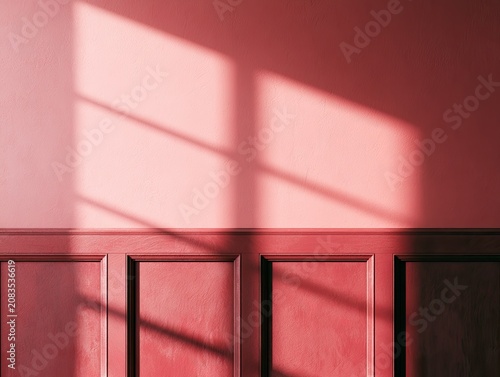 Warm, sunlit room with paneled lower wall and shadow patterns