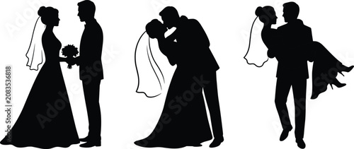 Foto Three black silhouettes of a bride and groom in different romantic poses, on a white