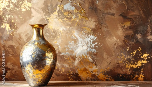 Elegant golden vase with textured surface against a painterly backdrop.