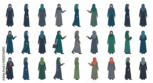 Fotografía Islamic women silhouette set in modest clothing hijab and abaya editable stroke
