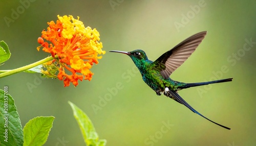 Elegant Green-Crowned Brilliant Hummingbird Sipping Nectar from Vibrant Orange Flowers.
