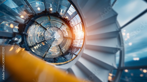 Inside a Lighthouse Lens Chamber with Light Reflections and Spiral Stairs