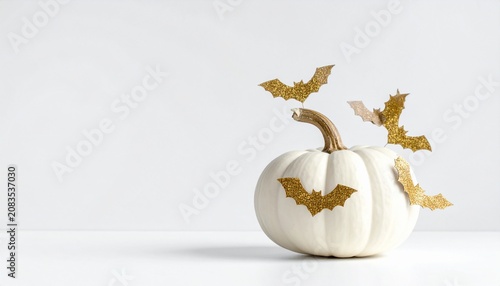 Elegant Halloween - White Pumpkin with Golden Bats on White Background.