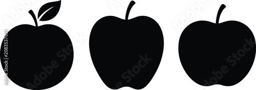 Quadro su tela Three black silhouettes of whole apples with stems and a leaf, isolated on a white