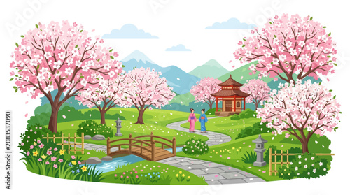 spring landscape with houses and trees