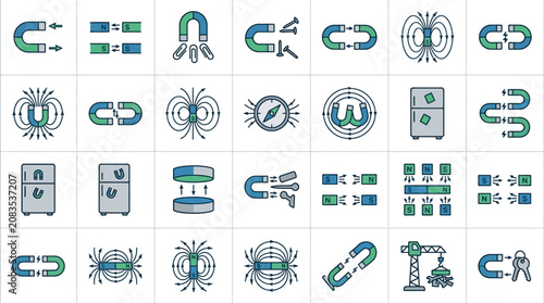 Photos Magnetic Attraction Icon Set with 30 Editable Stroke Illustrations Horseshoe Mag