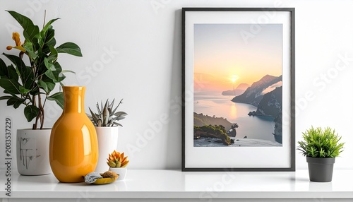 Elegant Home Decor with Coastal Artwork and Lush Greenery.