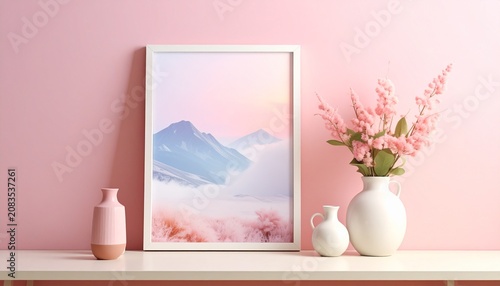 Elegant Home Decor with Mountain Art and Floral Accents.