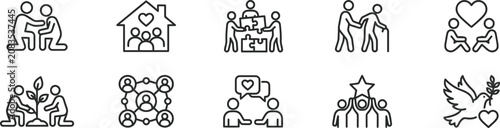 Foto Black line icons of people helping each other