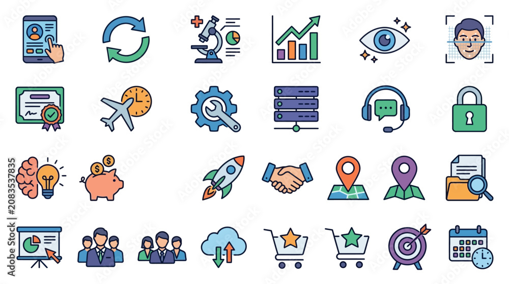 Fototapeta premium Modern Business Solutions Icon Pack with Editable Strokes Touchscreen Reload Medical Diagnostics Graph Eye Scan Face Tech Certification