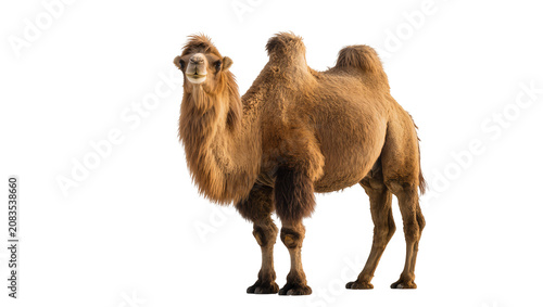 Fotografie Dromedary camel with one hump brown fur, standing on white