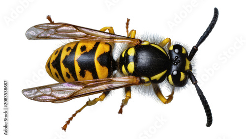 Foto Yellow and black striped wasp with wings and fuzzy body