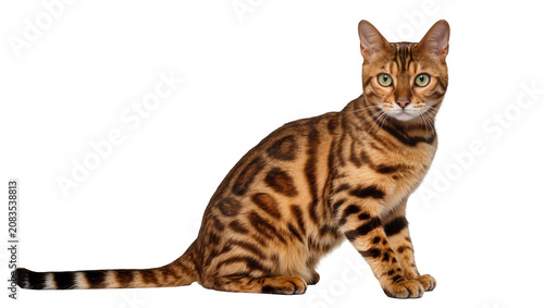 Photography Bengal cat with spotted fur and green eyes sitting