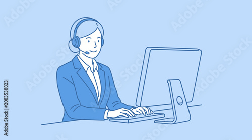 Professional Female Customer Service Representative Wearing Headset Working at Computer Station in Modern Office Setting