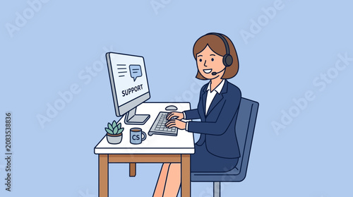 Customer service representative with headset and computer at desk, offering assistance and support in a modern office environment